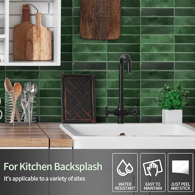 Peel and Stick Backsplash 3D Wall Tiles,Self-Adhesive,Oil Proof,Waterproof, Removable Wall Panels for Kitchen & Bathroom,Modern Design, Easy Install (10.7ft，12x9 inch,14 Pack) (Green)