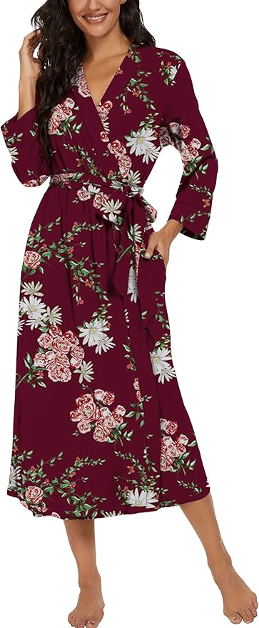 VINTATRE Women Kimono Robes Long Knit Bathrobe Lightweight Soft Knit Sleepwear V-neck Casual Ladies Loungewear