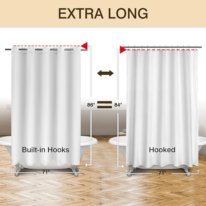 River Dream Extra Long No Hook Shower Curtain TPU Lining, White, 71x86 | No Required Liner, Hotel Fabric Shower Curtain for Bathroom, Bottom Magnets & Waterproof, 71W x 86H(84H)