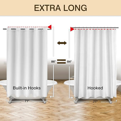River Dream Extra Long No Hook Shower Curtain TPU Lining, White, 71x86 | No Required Liner, Hotel Fabric Shower Curtain for Bathroom, Bottom Magnets & Waterproof, 71W x 86H(84H)