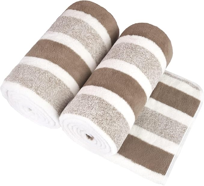 JML Bath Towels, 2 Pack, 27x55 in, Microfiber, Stripe Brown | Soft, Super Absorbent, Quick Dry, Lint-Free, Lightweight Bathroom Towel with Hanging Loop for Daily Use