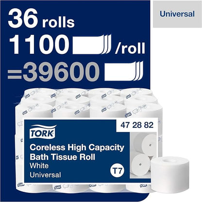 Tork Coreless High-Capacity Toilet Paper Roll T7, 36 x 1100 sheets, 472882 | White, Universal, 2-ply