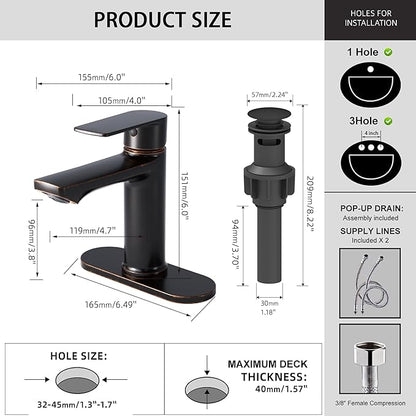 BELZ Oil Rubbed Bronze Bathroom Faucet, Modern Single Handle One Hole Bath Vanity Sink Faucet with Pop Up Drain and Deck Plate for 1 or 3 Holes
