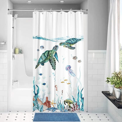Fowocu Sea Turtle Stall Shower Curtain Teal Blue Ocean Waterproof Fabric Shower Curtains for Bathroom with Funny Animal Octopus Starfish Anchor Fish Nautical Bath Curtain Decor (Teal, 36''×72'')