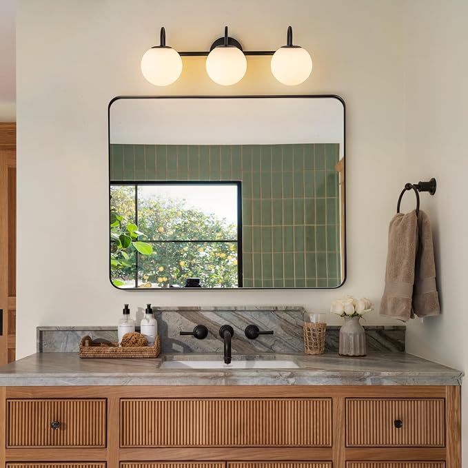Milk Glass Vanity Light, 22.6" Modern Bathroom Light Fixtures Mid-Century Globe Vanity Light 3-Light Glass Wall Sconce Black | Mid-Century Globe Vanity Light 3-Light Bathroom Vanity Light, Up/Down Mounting Design, Glass Wall Sconce for Bathroom Hallway