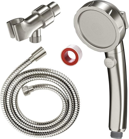 SINGSUO High Pressure Handheld Shower Head, On Off Switch (Brushed Nickel) | Detachable Shower Head, 3 Spray Modes Shower Massager Handheld with Hose and Adjustable Angle Bracket
