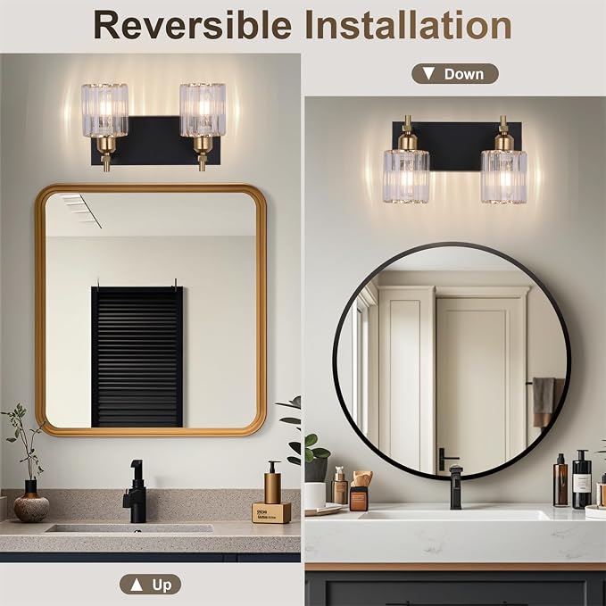 Black and Gold Bathroom Vanity Lights, 2-Light Crystal Bathroom Light Fixtures Over Mirror, 14 Inch Modern Farmhouse Vanity Light, Brass Gold Wall Sconces for Bath Mirror Kitchen Hallway Cabinet