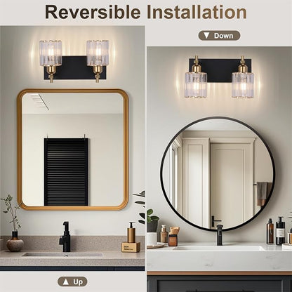Black and Gold Bathroom Vanity Lights, 2-Light Crystal Bathroom Light Fixtures Over Mirror, 14 Inch Modern Farmhouse Vanity Light, Brass Gold Wall Sconces for Bath Mirror Kitchen Hallway Cabinet
