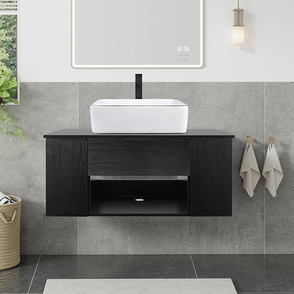 36 Inch Black Floating Bathroom Vanity with 2-Doors and 1-Drawer, Modern Wall Mounted Cabinet with Square White Ceramic Vessel Sink