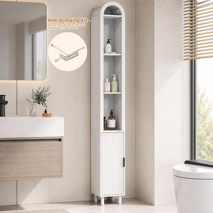 Narrow Bathroom Storage Cabinet, Tall Arched Small Wood Cabinet, Slim | Mid Century Modern White Towel Cabinet, Fluted Doors, 4 Tier Shelves, Wooden Display Cabinet for Living Dining Room, Skinny