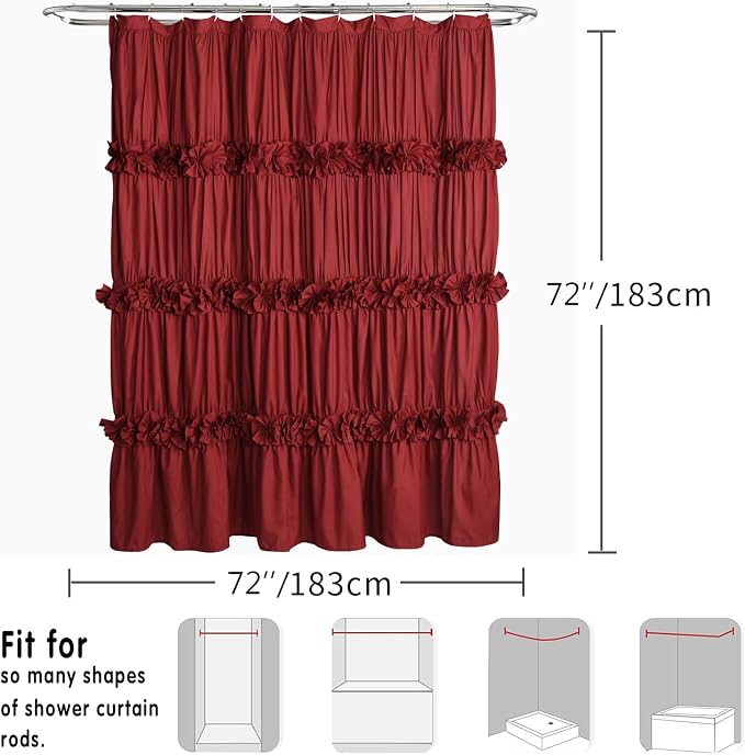 Homechoice Decor Burgundy Ruffle Shower Curtain, Vintage Handcrafted Bow Tie Bath Curtain for Master Bathroom, Ruched Microfiber Bathroom Curtain with 12 Buttonholes, 72" W x 72" H (LQ-10)