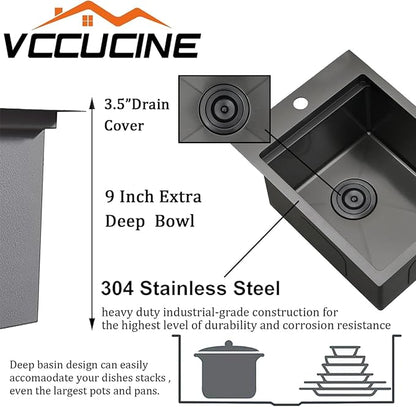 15x20 Inch Gunmetal Black Drop-in Bar Sink, Single Bowl, 16 Gauge Stainless Steel, Topmount, Modern, Workstation Sink with Accessories
