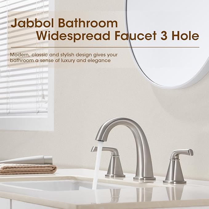 Widespread Bathroom Faucet 3 Hole, Brushed Nickel Bathroom Sink Faucet, 2 Handle Brass Bathroom Faucets for Vanity Faucet with Pop Up Drain and 2 Supply Lines