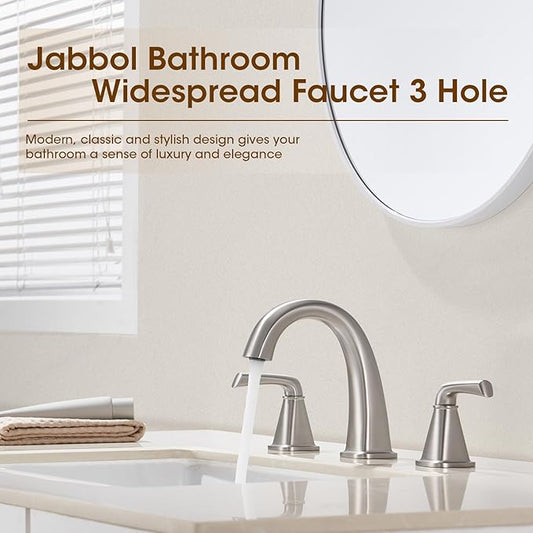 Widespread Bathroom Faucet 3 Hole, Brushed Nickel Bathroom Sink Faucet, 2 Handle Brass Bathroom Faucets for Vanity Faucet with Pop Up Drain and 2 Supply Lines