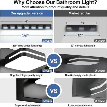 Torondo 360° Rotate LED Bathroom Vanity Light Fixtures, Acrylic Vanity Lights for Bathroom, Modern Wall Lighting Fixtures Over Mirror Living, Matte Black, Natural White, 7-Light, 46-Inch