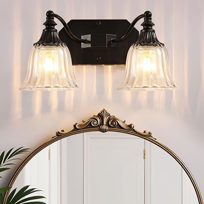 Black Vintage Bathroom Vanity Light Fixture, 2-Light Vanity Light for Bathroom, Antique Matte Black Finish with Crystal Glass Shade, Lighting Fixtures Over Mirror for Bedroom Living Room