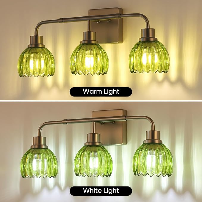 Ralbay Vintage Vanity Lights Bathroom Light Fixture Over Mirror for Bath Brushed Nickel Modern Wall Sconces with Green Crystal Glass Shade for Bedroom,Living Room,Hallway(3-Light)