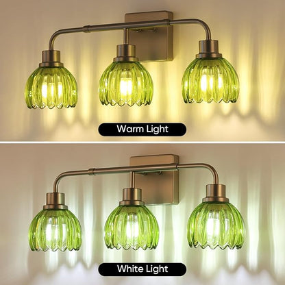 Ralbay Vintage Vanity Lights Bathroom Light Fixture Over Mirror for Bath Brushed Nickel Modern Wall Sconces with Green Crystal Glass Shade for Bedroom,Living Room,Hallway(3-Light)