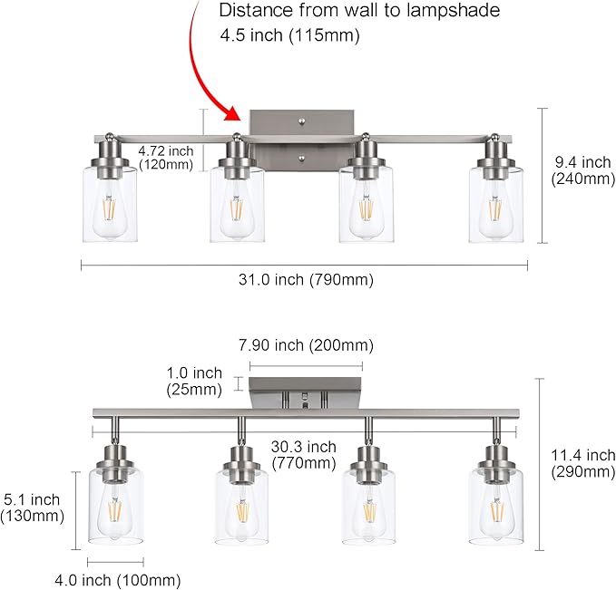 MELUCEE 4 Light Track Lighting Kit Bathroom Vanity Light Fixtures Brushed Nickel Ceiling Spotlight Fixture for Hallway Porch Foyer Bath Storage, Clear Glass Shade