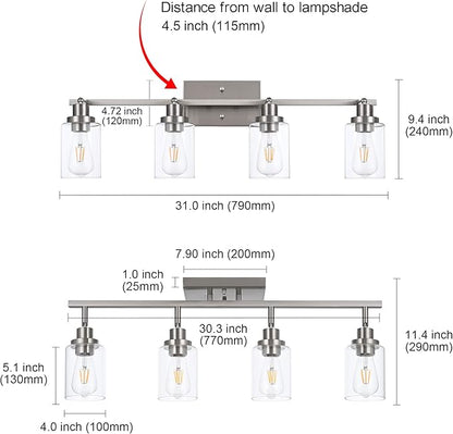 MELUCEE 4 Light Track Lighting Kit Bathroom Vanity Light Fixtures Brushed Nickel Ceiling Spotlight Fixture for Hallway Porch Foyer Bath Storage, Clear Glass Shade