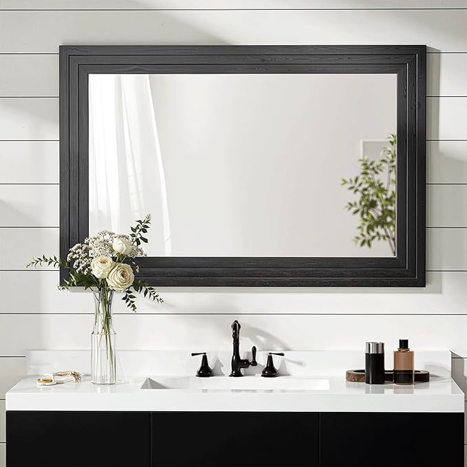 Farmhouse Rustic Wood Framed Bathroom Vanity Mirror for Wall, 26x38, Black | Recessed Stepped Solid Wood Frame, HD Shatterproof Glass, Vertical/Horizontal Mount, for Bathroom Sink, Living Room, Entryway