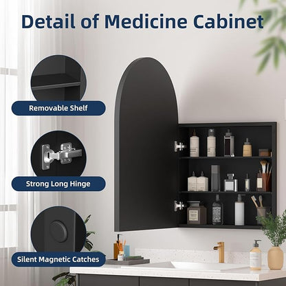 Medicine Cabinets for Bathroom, Black Arched Medicine Cabinet Recessed or Surface Wall-Mounted,Modern Bathroom Vanity Mirror with Storage, Mirrored Cabinet with Adjustable Shelves,20x30 Inch