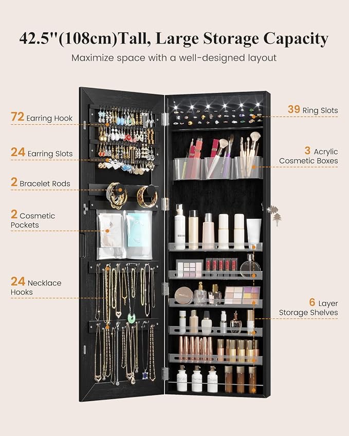 LVSOMT Wall Mounted Jewelry Organizer with Full Length Mirror, 42.5" Black | Over the Door Mirror with Storage, Lockable Jewelry Cabinet for Earring Ring Necklace, Large Capacity, Gift for Women
