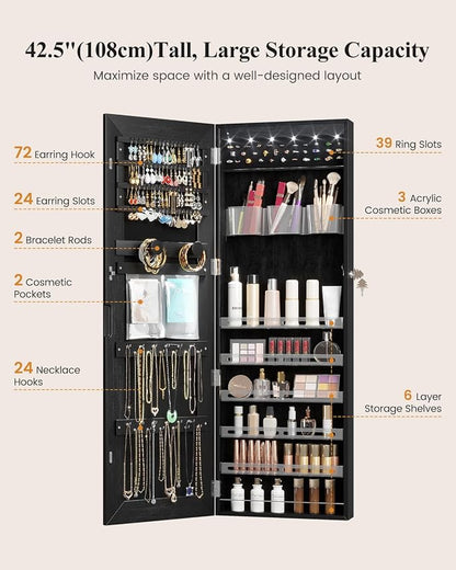 LVSOMT Wall Mounted Jewelry Organizer with Full Length Mirror, 42.5" Black | Over the Door Mirror with Storage, Lockable Jewelry Cabinet for Earring Ring Necklace, Large Capacity, Gift for Women