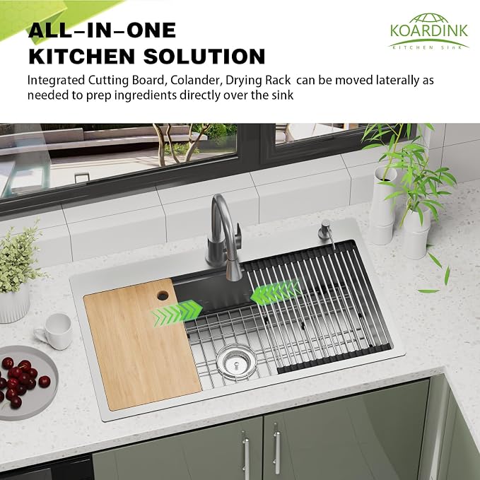 33x19In Drop-in Workstation Sink,Stainless Steel,Single Bowl | Modern Topmount Kitchen Sink Combo, Include Grid,Drying Rack,SS Colander,Cutting Board, Compatibility With Various Kitchen
