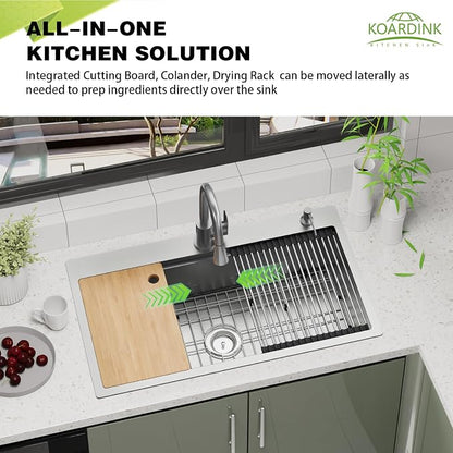 33x19In Drop-in Workstation Sink,Stainless Steel,Single Bowl | Modern Topmount Kitchen Sink Combo, Include Grid,Drying Rack,SS Colander,Cutting Board, Compatibility With Various Kitchen