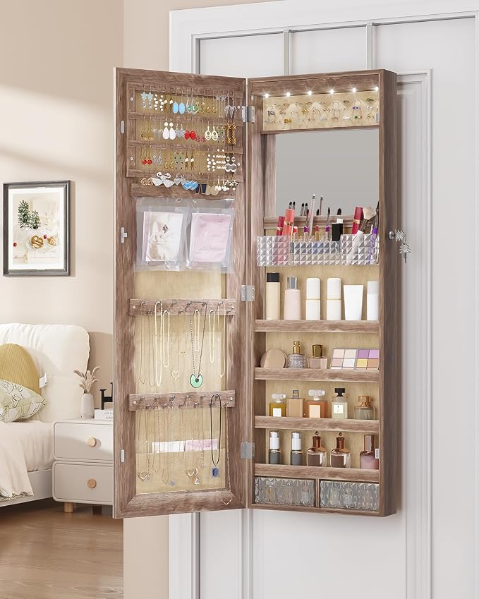 LVSOMT 42.5" Wall Mounted Jewelry Organzier with LED Mirror, Wood | Lockable Jewelry Cabinet for 30 Ring Slots, 96 Earring and 20 Necklace Hooks, Gift for Women, Girls