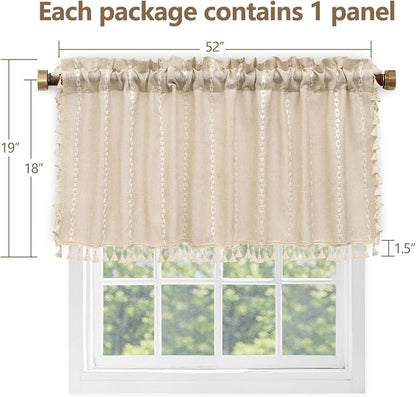 Seenus Boho Farmhouse Linen Valance Curtain, 52x18 inch Soft Light Filtering & Privacy Window Valance with Tassels for Living Room Kitchen Bathroom, Rod Pocket, Beige Cream
