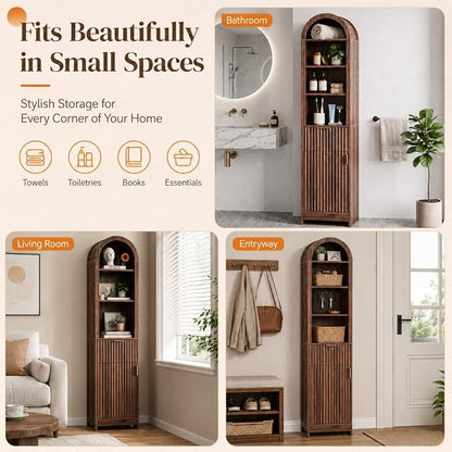 VINGLI Tall Bathroom Storage Cabinet, 66.9" Freestanding Narrow Linen Cabinet with Arched Open Shelves, Drawer & Door, Slim Skinny Wood Cabinet for Bathroom, Living Room, Entryway, Dark Walnut