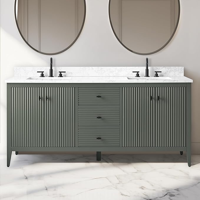 Vanity Art 72 inch Bathroom Vanity with Double Sink & Ceramic Top, Vanity Cabinet with Soft-Closing Door, Solid Wood Frame, Linear Pattern, Vintage Green, VA9172-DVG-MB,Matte Black Handles