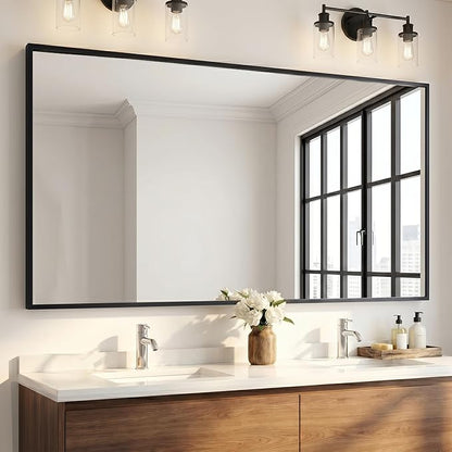 55"x30" Matte Black Wide Bathroom Wall Mirror for Double Vanity | Wide Double Vanity Mirror, Slim Metal Frame, Long Console or Buffet Use, Vertical/Horizontal Mount, Tempered Glass