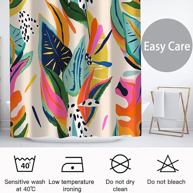 Boho Colorful Floral Shower Curtain, Abstract Art Modern Asthetic Jungle Plant Leaf Bathroom Curtain with 12 Hooks, Waterproof Polyester Fabric Bath Curtain with Hooks 72x72 Inch