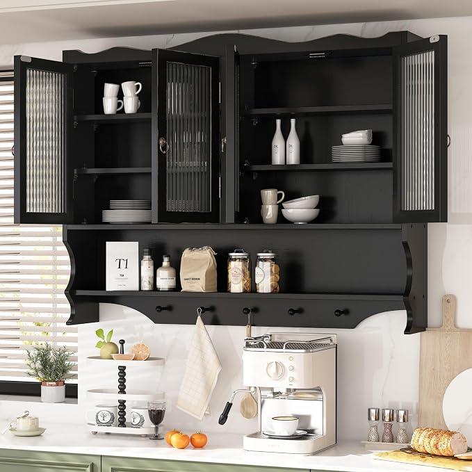 KEIKI 39.37" L Wall Mounted Kitchen Sideboard Cabinet with 4 Glass Door, 5 Hook Rack, 4 Layers Shelves, Retro Storage Buffet Medicine Cabinet for Bathroom, Dining Rooms, Entryway, Solid Wood, Black