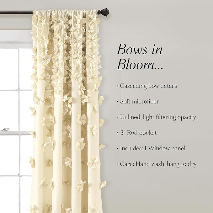 Lush Decor Riley Light Filtering Window Curtain Panel, Single 54" W x 84" L, Buttercream - Cute Yellow Curtains for Bedroom - Bow Decor - Coquette Curtains for Windows