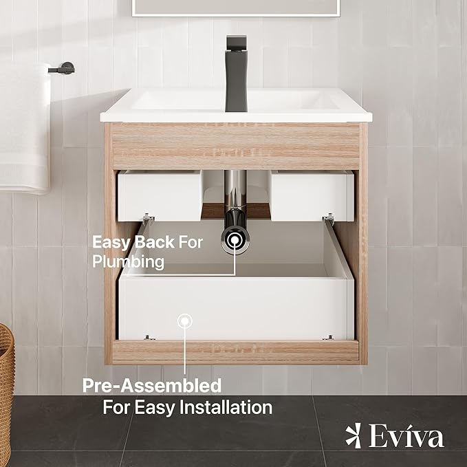 Eviva Joy 24 in. Maple Wall MountSingle Sink Bath Vanity with Porcelain Top and Integrated Sink