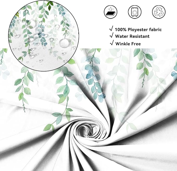 AWERT Plant Shower Curtain for Bathroom Sage Green Eucalyptus Waterproof Quick-Drying Green Leaves Shower Curtain Set with Hooks 60x72 Inch
