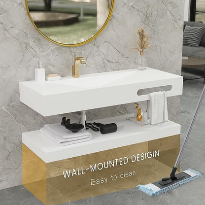 QJ&XY Resin Bathroom Sink 48" Wall Mounted V-Shaped White Basin with Towel Rack, Floating Vanity Sink in Soft-Touch Finish (Double Tier)