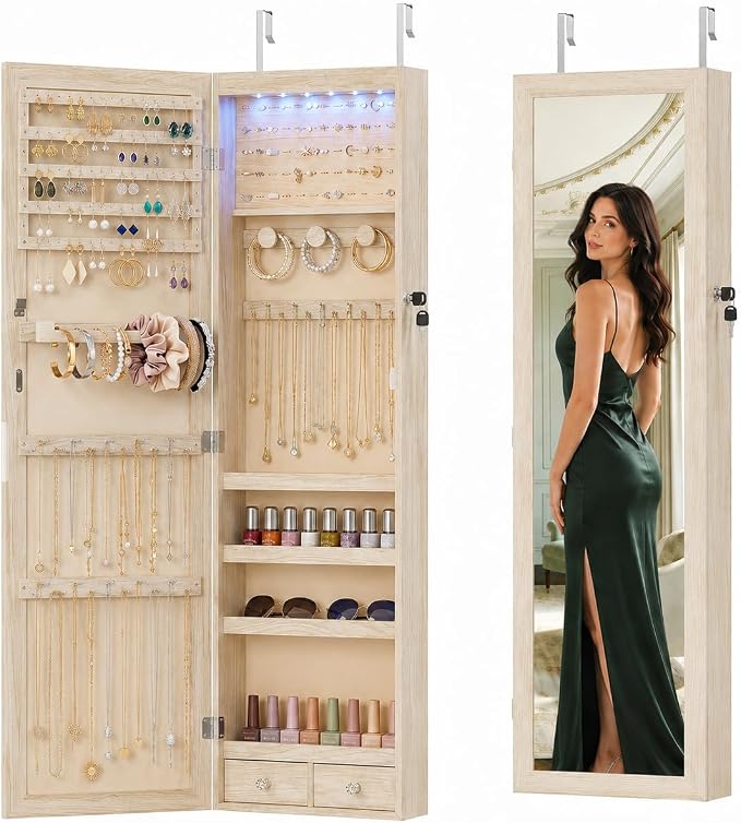 Jewelry Armoire, 47.2" Tall Lockable Jewelry Organizers and Storage Cabinet with Full-Length Mirror, 6 LEDs Mirror Jewelry Cabinet, Wall or Door Mounted Jewelry Storage for Women Bedroom, Gift Idea