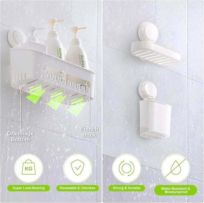 Uten Bathroom Suction Cup Shower Shelf 3-in-1 Wall Mounted Shower Basket Toothbrush Holder No Drill Hanging Rack Removable Shower Caddy Toilet Storage Rack Organizer