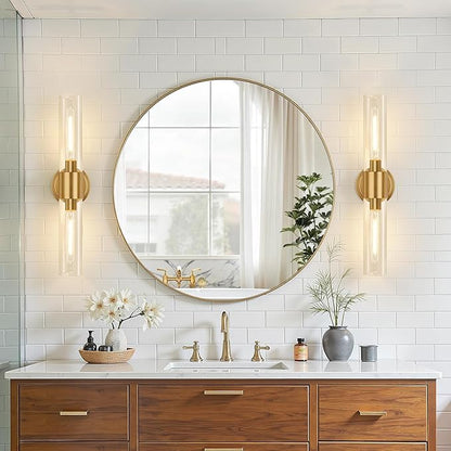 Wall Sconces Set of Two, Brushed Gold Bathroom Sconces Wall Lighting with Clear Glass, Hardwired Modern Sconces Wall Decor Set of 2 for Bathroom Mirror Bedroom Living Room Hallway