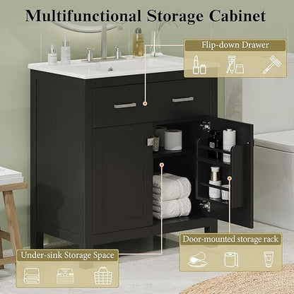 Favfurish 30" Bathroom Vanity with Ceramic Sink,Undermount Single Basin Vanity Set w/1 Flip-Out Drawer and 2 Soft-Close Doors & Adjustable Shelf,Freestanding Storage Cabinet,Solid Wood Frame,Black