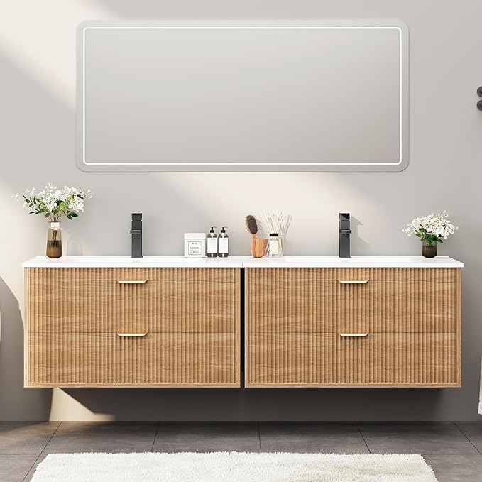 Vabches 30 Inch Bathroom Vanity with Sink, Wood Grain Wall Mounted Vanity with 2 Storage Darwers, Floating Bathroom Vanity with Storage, Bathroom Floating Vanity with Sink, Faucet, Drain, Oak