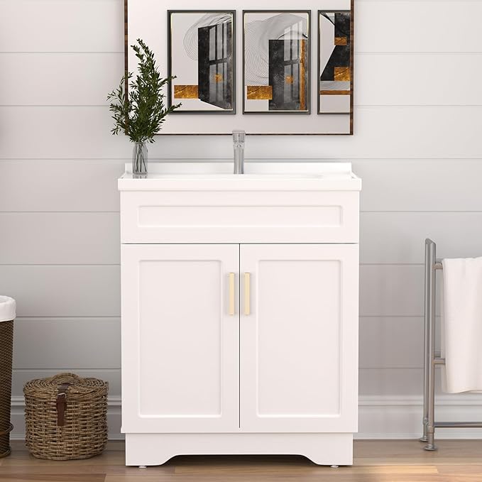 OLD CAPTAIN Bathroom Vanity with Ceramic Sink, Wooden Double Door Bathroom Vanity, 32 Inch Bath Cabinet with Sink and Storage, White