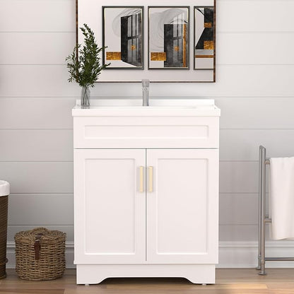 OLD CAPTAIN Bathroom Vanity with Ceramic Sink, Wooden Double Door Bathroom Vanity, 32 Inch Bath Cabinet with Sink and Storage, White