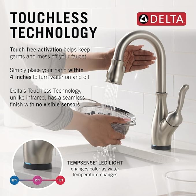 Delta Leland Touchless Bar Faucet with Touch Technology, Brushed Nickel Prep Sink Faucet with Pull Down Sprayer, Single Hole, SpotShield Stainless 9678TL-SP-DST