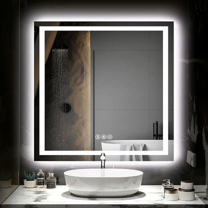 Hivone 36"X36" LED Bathroom Mirror with Lights, Anti-Fog, Dimmable, Backlit + Front Lit, Smart Bathroom Vanity Mirror, Memory Function, Shatterproof, Tempered Glass (Horizontal/Vertical)